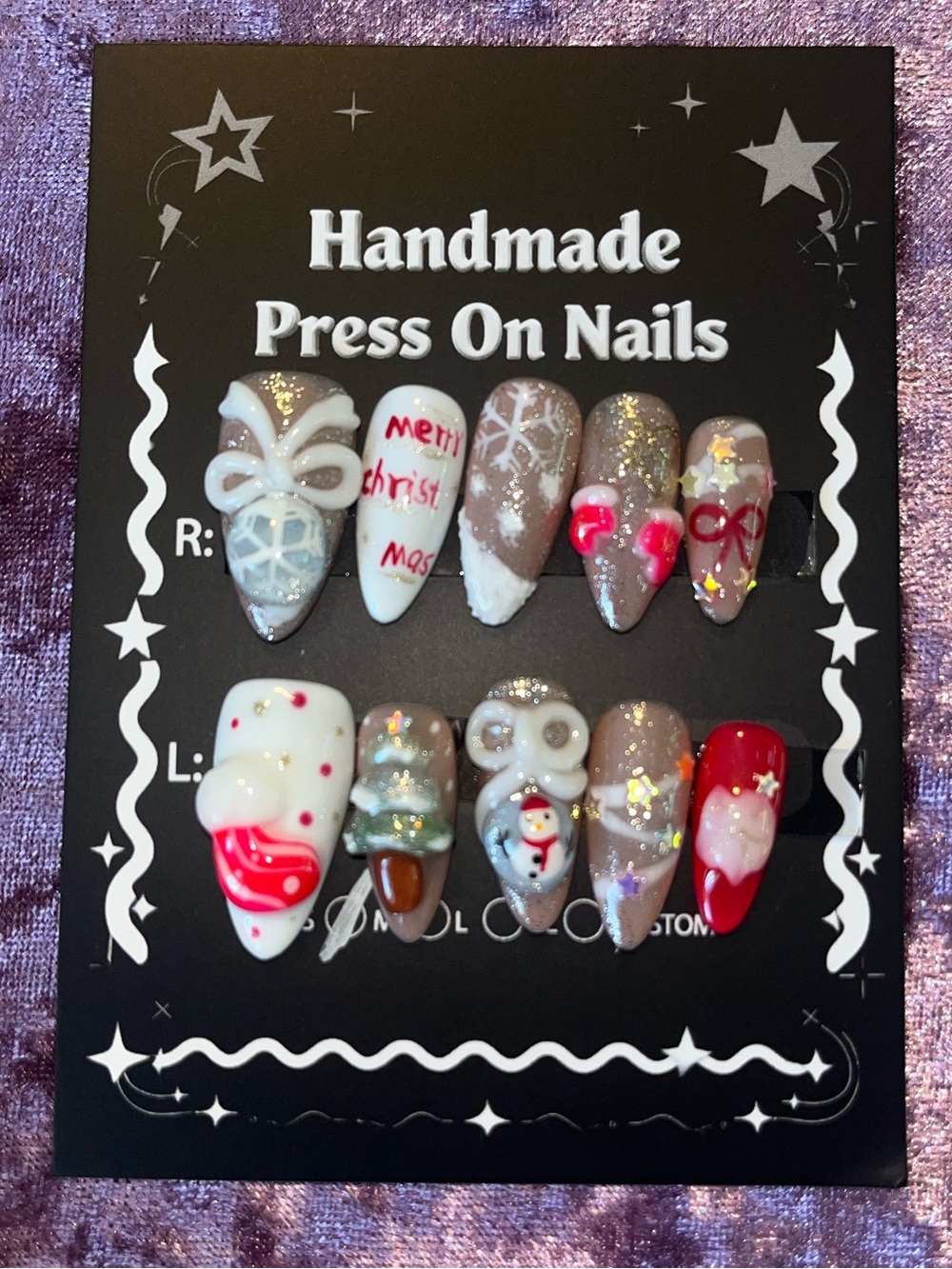 Handmade Press-On Nails - Christmas Red, White & Gold